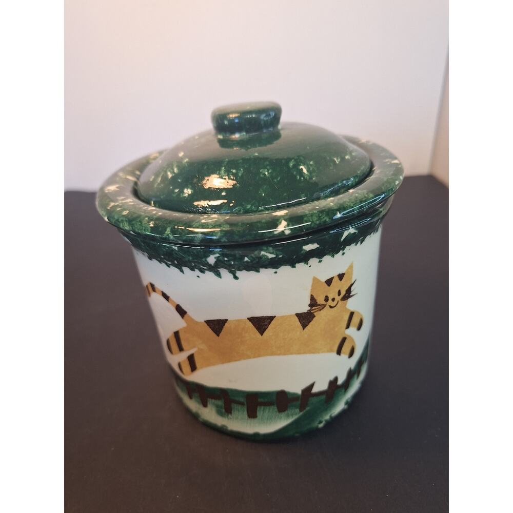 Studio Pottery Cat Treat Jar with Matching Food/Water Bowl, Signed By Artists